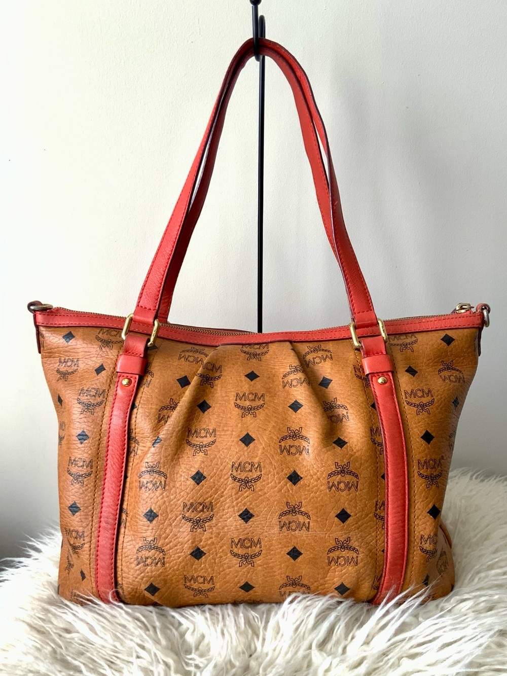 Authentic MCM Cognac Visetos Pleated Tote Bag - Picture 6 of 17